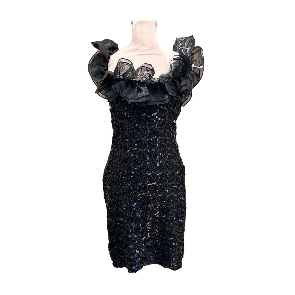 Vintage Rampage Black Sequin Ruffle Cocktail Dress Size Medium